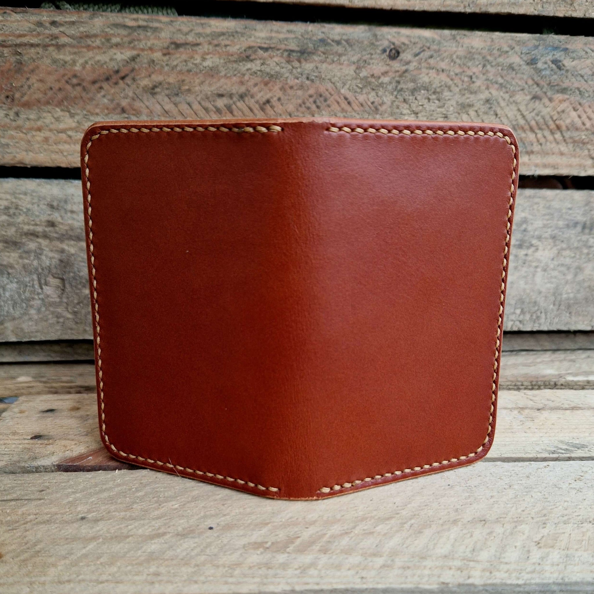 Hand stitched tan brown leather card holder or wallet