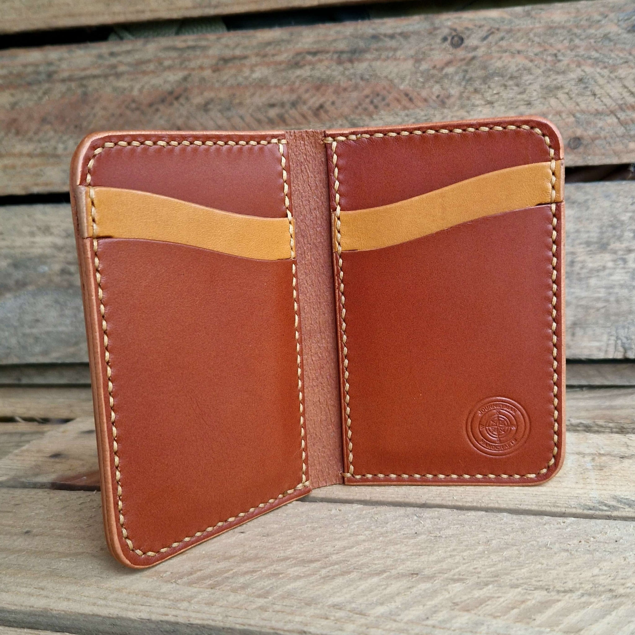 Hand stitched leather wallet in tan brown, with a lighter brown accent colour