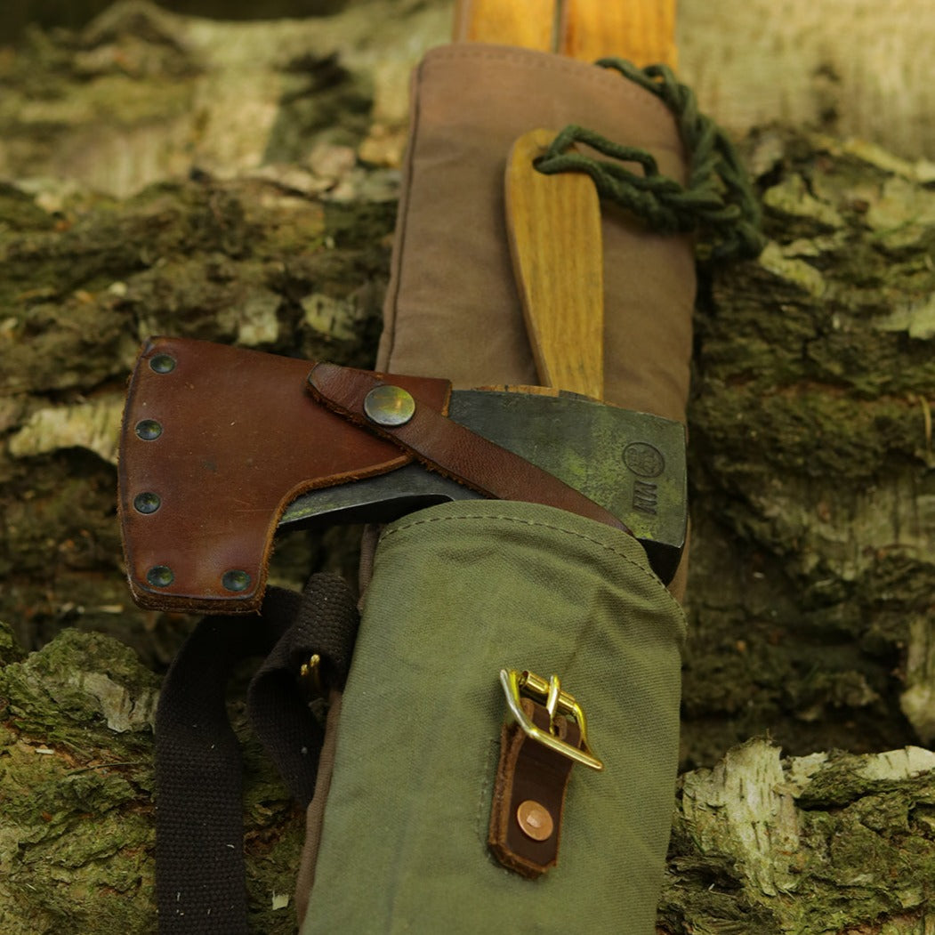 Canvas, leather and brass bucksaw and axe carry case