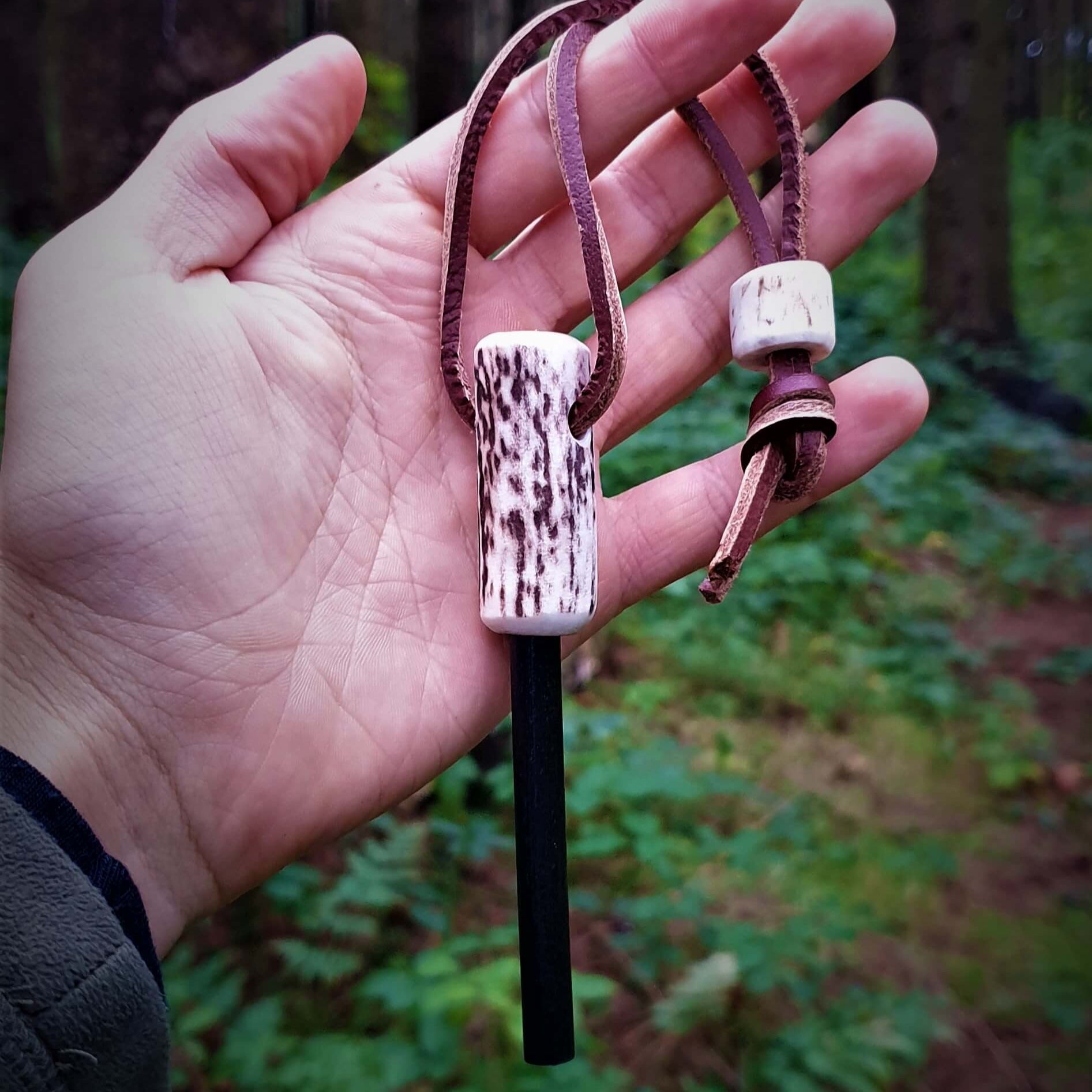 Antler ferro rod with leather toggle