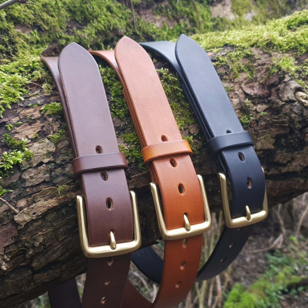 Handmade leather belts with brass buckles