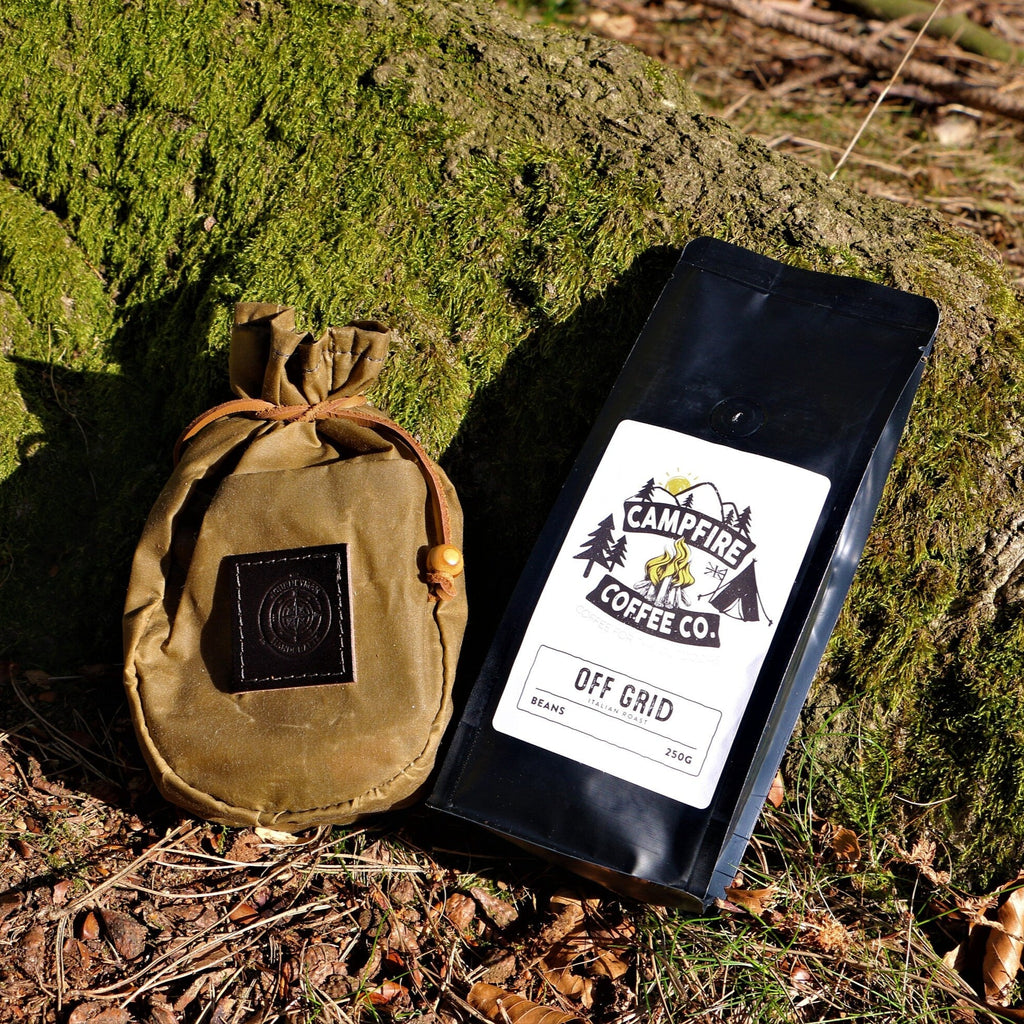 Wax canvas coffee pouch with a bag of coffee beans