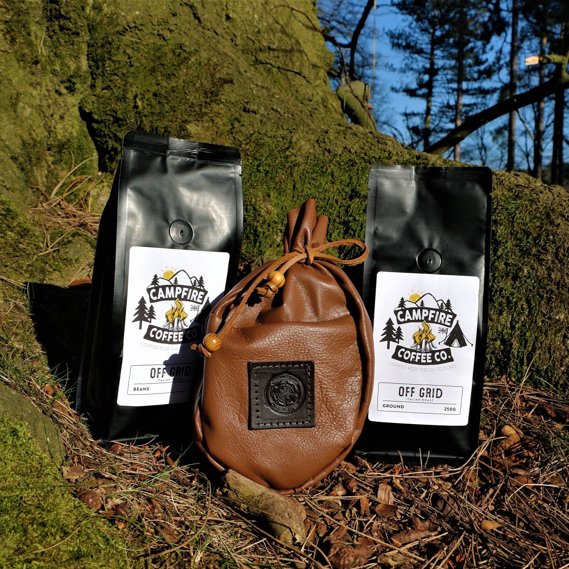A leather coffee pouch in the forest